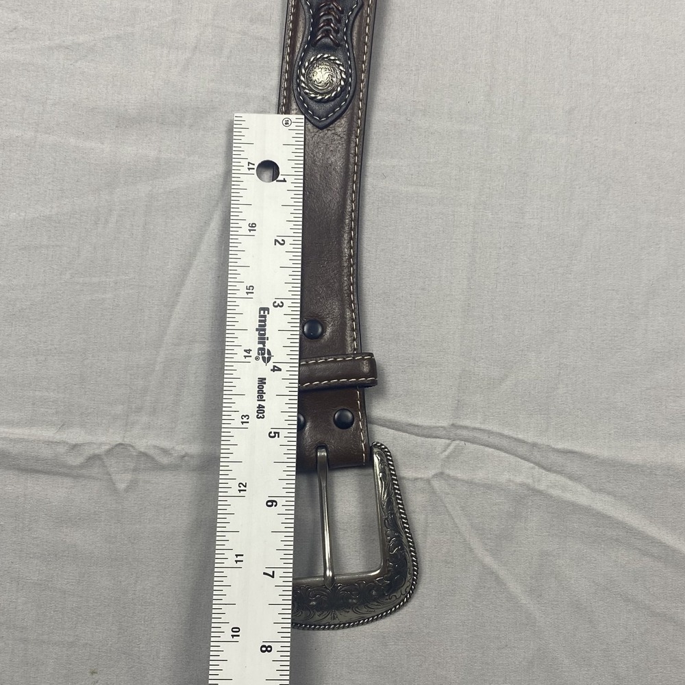 Western Tooled Genuine Leather Belt Men's Brown Engraved Buckle Cowboy 38 - 40 - Picture 12 of 15